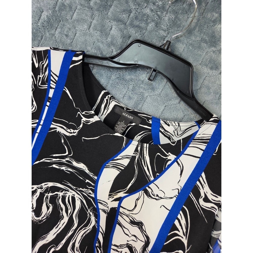 Alfani Womens Large Black White Blue Abstract Swirl 3/4 Sheer Sleeve Blouse Top
